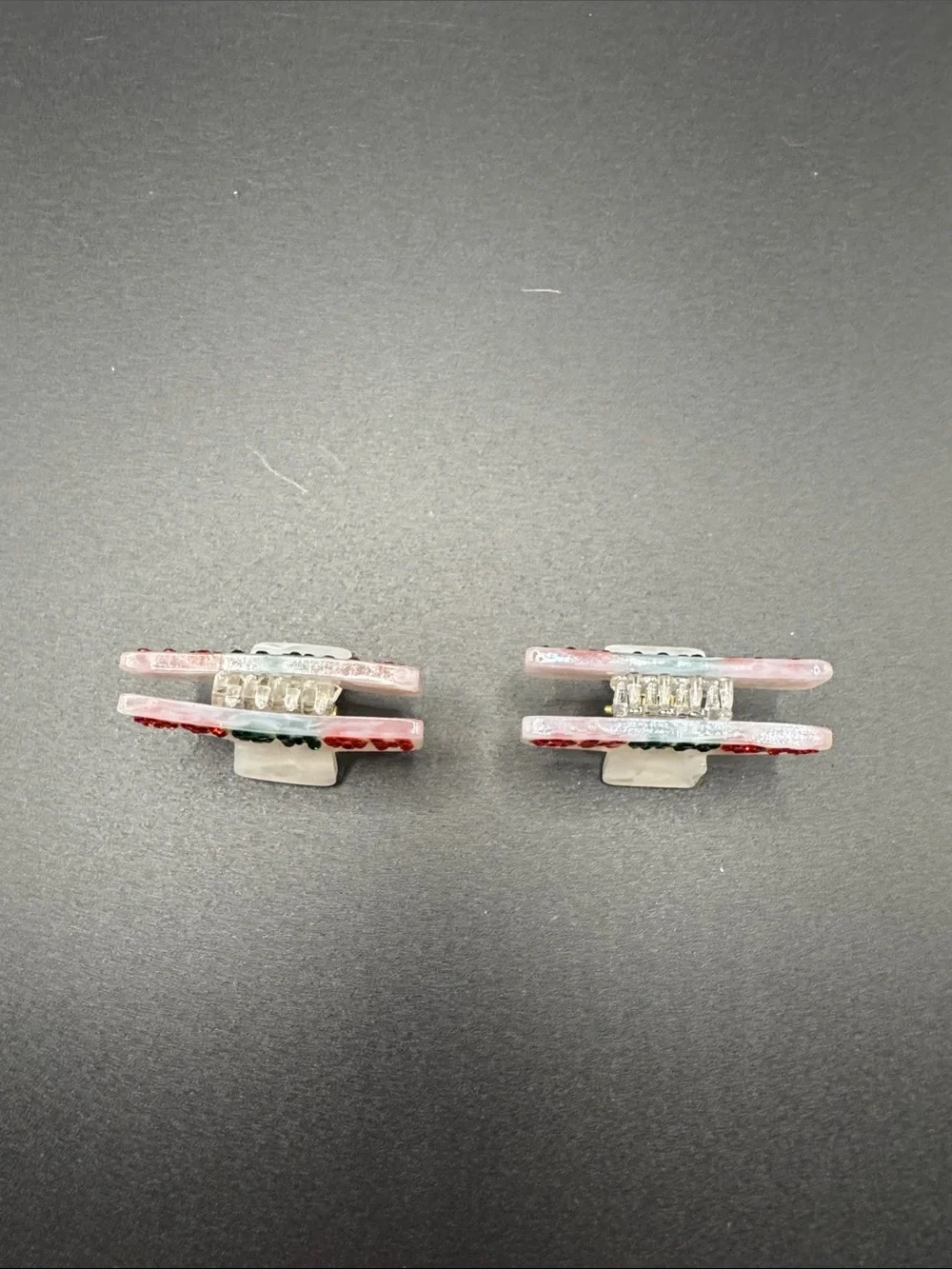 Holiday 'HO HO HO' Resin Hair Clips - Red & Green Rhinestones set of 2